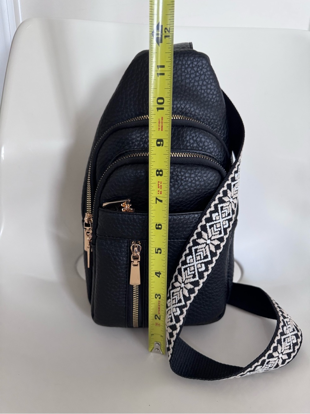Black Leather Sling Backpack w Embroidered Boho Guitar Strap Crossbody Backpack - Picture 11 of 14